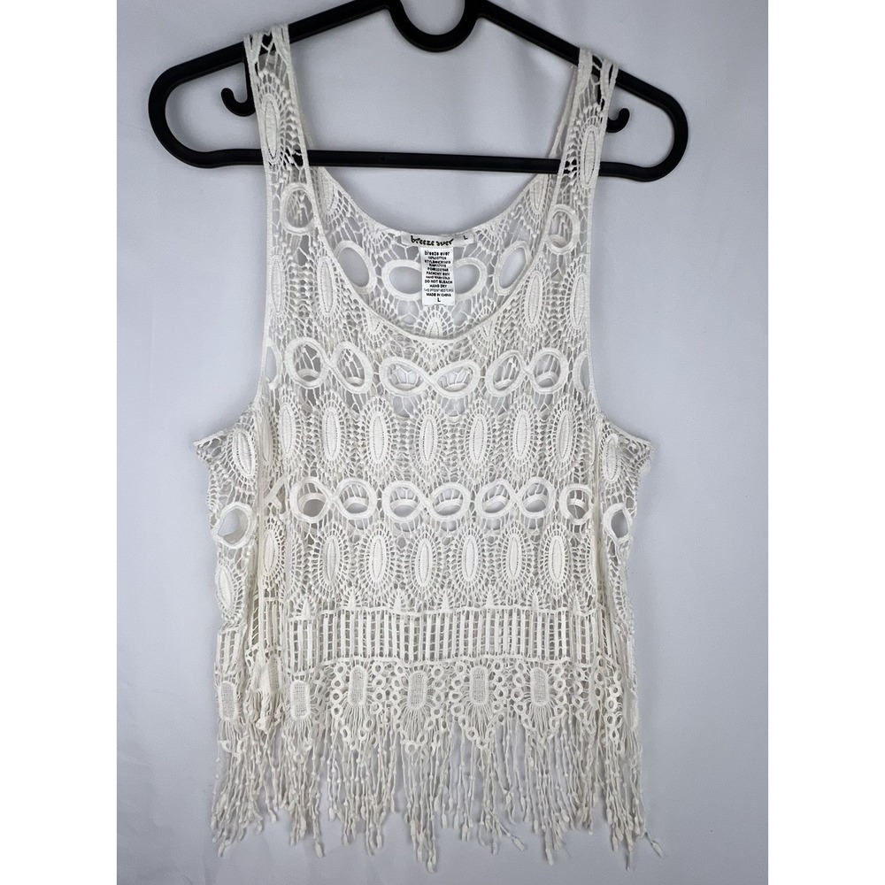 White Crochet Lace Fringe Boho Festival Tank Top 100% Cotton Large Coastal Boho - Picture 2 of 8